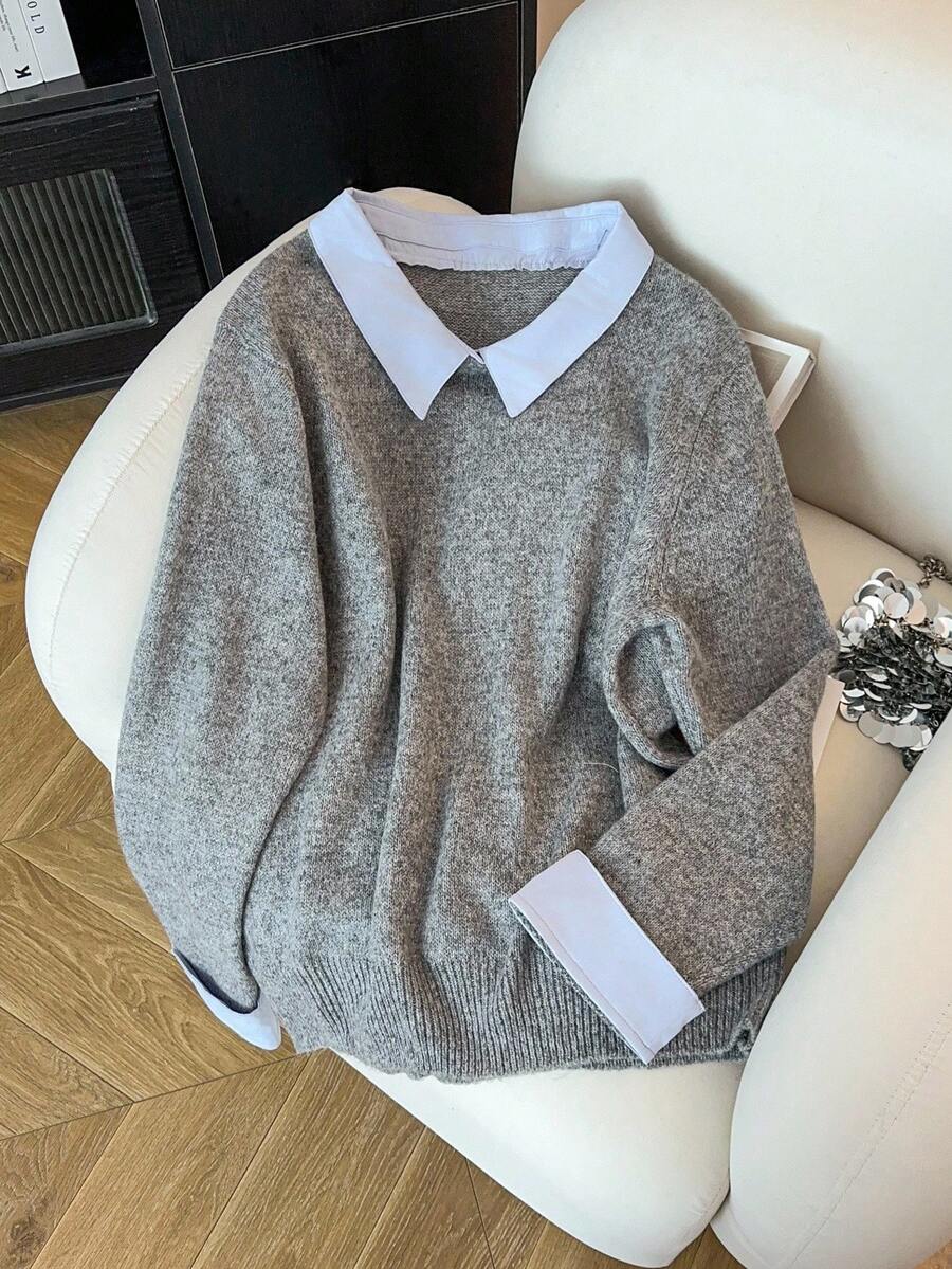 SHEIN Clasi Plus Size Colorblock Patchwork Knit Sweater, Casual For Autumn/Winter - Grey - View 1