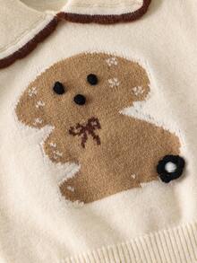 SHEIN Playful Pals 女孩可爱蝴蝶结和熊提花针织毛衣，手工 3D 花朵装饰套头衫，秋冬季温暖舒适，适合日常穿着 - 杏色 - 查看 4