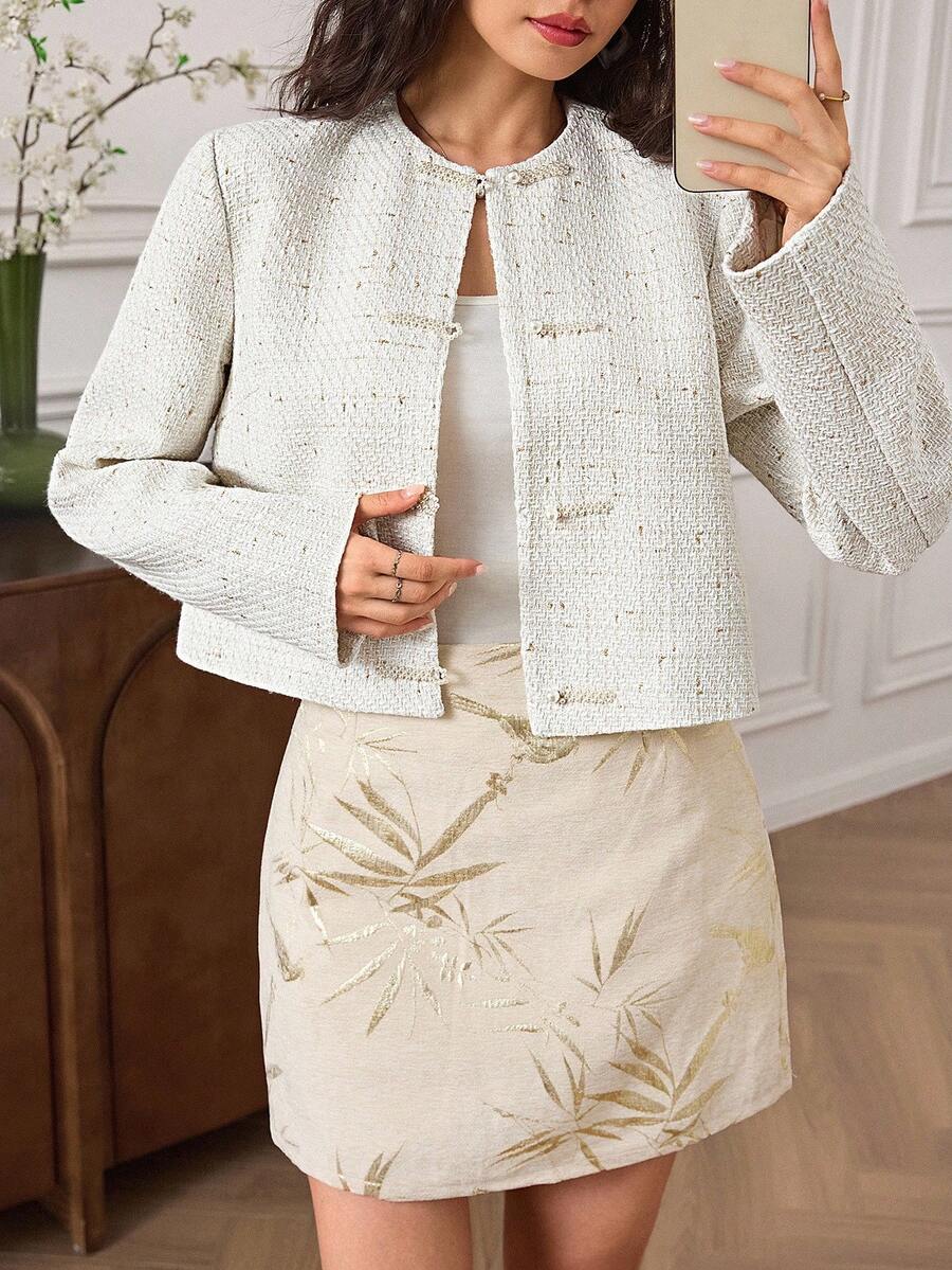 EastFlair 女式仿珍珠单排扣优雅长袖夹克秋冬女装 - 白色 - 查看 1