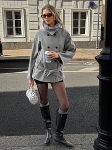 SHEIN EZwear 女士感恩节新款冬季复古风女士休闲长袖外套，灰色街头风 - 淺灰色 - 查看 5