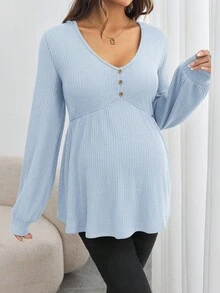 SHEIN Maternity Snap-Button V-Neck Long Sleeve Loose Fit Pregnancy T-Shirt
