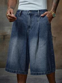 AXEPEAK 男士休闲日常水洗斜口袋宽松牛仔短裤，夏季 - 藍色 - 查看 4