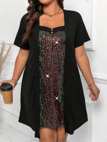 EMERY ROSE Rochie de damă casual cu imprimeu de ciupercă și nasturi, tricotată moale, cu model patchwork, brodată cu paiete, tiv asimetric, mărime plus