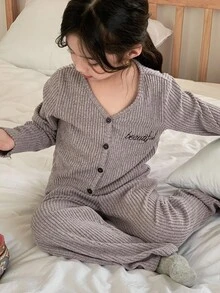 DAZY 少女 V 领罗纹针织长袖上衣和裤子宽松睡衣套装，秋季/春季 - 灰色 - 查看 1
