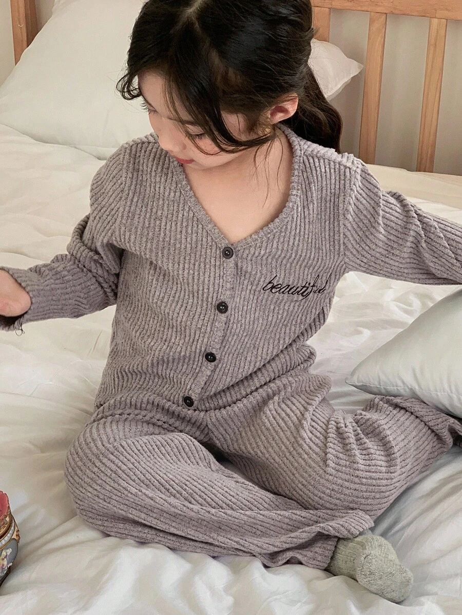 DAZY 少女 V 领罗纹针织长袖上衣和裤子宽松睡衣套装，秋季/春季 - 灰色 - 查看 1