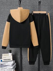 SHEIN 2pcs/Set Tween Boy Casual Contrast Color Hoodie Sweatshirt And Drawstring Pants Set,Black,Autumn,Streetwear,City Break College Style Versatile Outfit - Khaki - View 2
