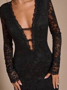 SHEIN BAE 1pc Women's Sexy Deep V-Neck Long Sleeve Solid Black Mini Dress, Black Lace Sheer Sexy Elegant Dress, Suitable For Nightclub Party, Autumn/Winter