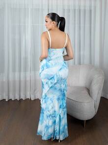 Melissa Matos Women's Vacation Colorful Retro Floral Print Draped Neck Layered Ruffle Trim Cami Maxi Dress,Bohemian Clothes Blue Formal Dress Long Blue Dress Light Blue Formal Dress Dusty Blue Formal Dress Blue Dress For Wedding - Multicolor - View 2