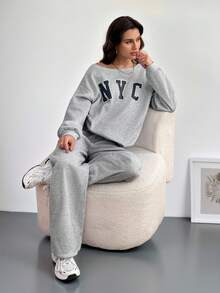 SHEIN Tall 2pcs Women NYC Off-Shoulder Loose Sweatshirt And Flared Long Sweatpants Set, Thick Thermal Lined, Suitable For Autumn/Winter Back To School Teacher - Grey - View 4