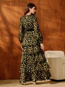 Anewsta Women's Autumn/Winter Formal Business Long Sleeve Metallic Embossed Layered Waist Cinching Velvet Bowknot Dress, Suitable For Lining Under Dresses