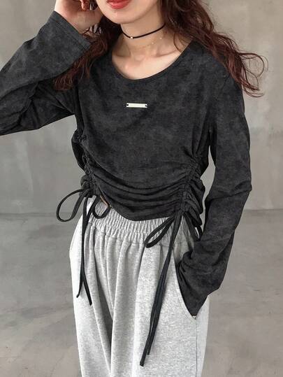 FRIFUL 女式圆领长袖休闲T恤，带抽绳下摆