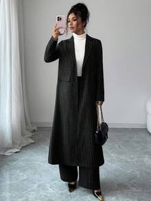 Elenzga 女式条纹西装套装，缺口领长袖长西装外套和条纹裤，适合办公室通勤和日常穿着，两件套，秋冬 - 黑色 - 查看 5