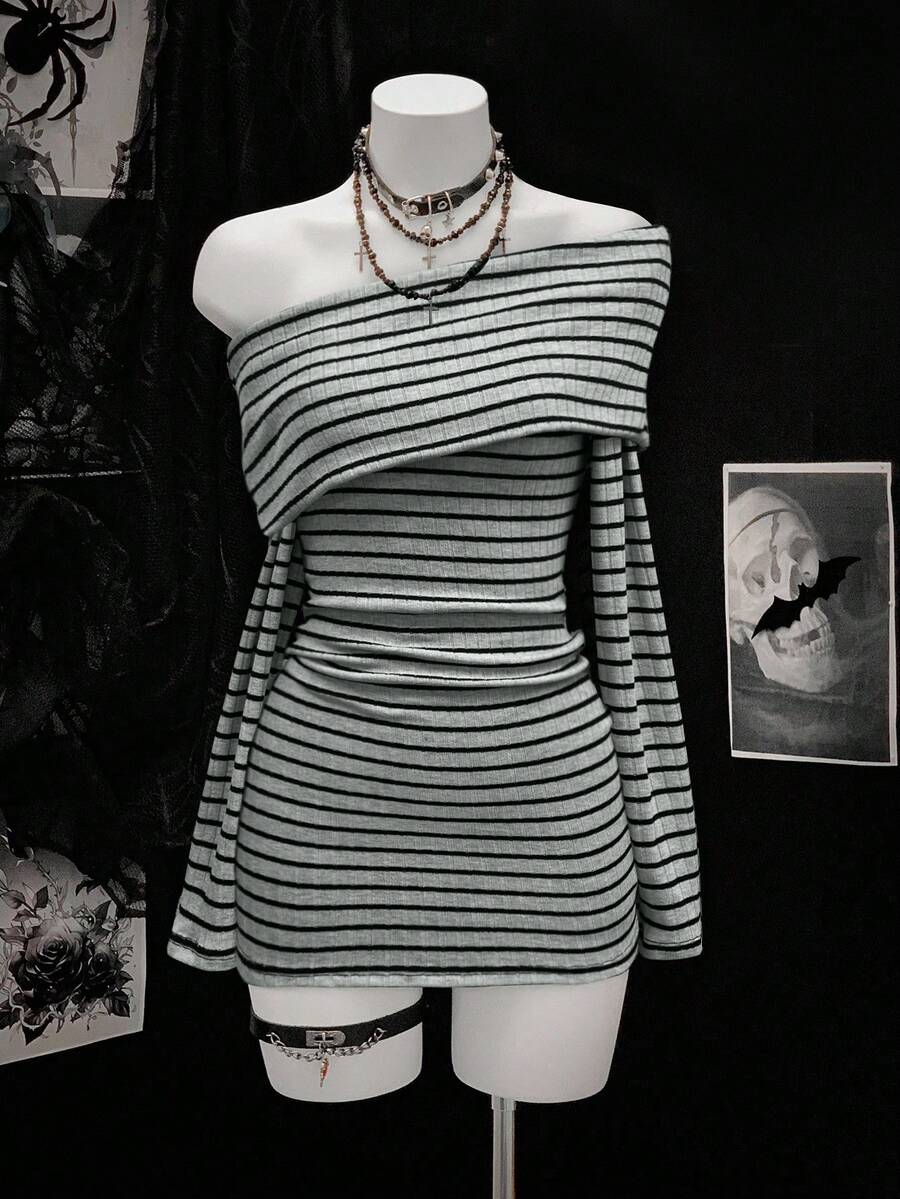 EgrlEra Women's Fashionable Black And Gray Striped Long Sleeve Dress