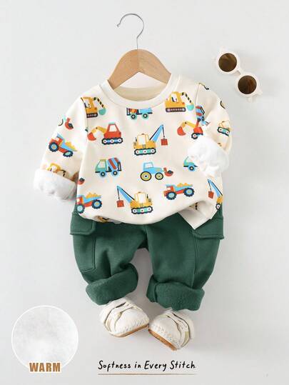 Cozy Pixies 2pcs Baby Boy Cartoon Crane Pattern Knit Soft Crew Neck Long Sleeve Pullover Sweatshirt And Elastic Waist Long Pants Set
