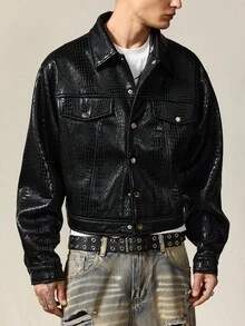 ROMWE MEN Casual Men's Autumn Faux Crocodile Texture Single-Breasted Loose Fit Long Sleeve Jacket - Black - View 3