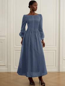 Aveloria Rosie Váy dự tiệc trà cổ điển lãng mạn mới, thiết kế rộng rãi, tôn dáng, váy suông tay bồng vải lanh mỏng xếp nếp trễ vai thanh lịch cho mùa hè - Màu xanh lam - Xem 3