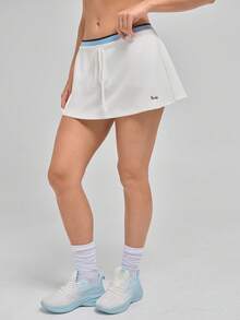 Menodora SHEIN Sport Women's Sporty Layered White Shorts, Soft Stretch Fabric, High Waist With Contrast Ribbed Band, Adjustable Tie, Built-In Inner Shorts For Comfort And Coverage - White - View 2