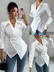 Elenzga Blouse à manches longues ajustée, asymétrique et froncée, de couleur unie, pour femmes - Blanc - Voir 1