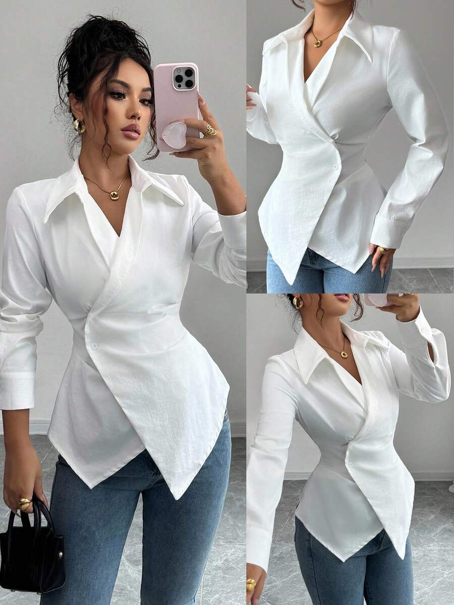 Elenzga Blouse à manches longues ajustée, asymétrique et froncée, de couleur unie, pour femmes - Blanc - Voir 1