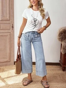 EMERY ROSE Quần denim ống rộng kẻ sọc dài 9/10 dành cho nữ, có túi - Rửa nhẹ - Xem 8