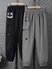 SHEIN 2pcs/Set Teen Boys' Casual Smiling Face Print Pocket Jogger Pants, Black & White Trousers Set, Suitable For Autumn, Winter, School, Home, Daily, Sports, Outings, Versatile & Minimalist Fall - Grey - View 8