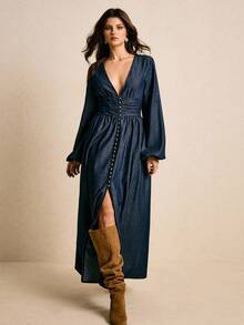 Poéselle Vestido jeans longo extra longo com manga lanterna retrô feminino, vestido ocidental, vestido longo de manga comprida para mulheres, vestido longo jeans para mulheres, vestido jeans de manga comprida para mulheres, vestido longo casual para mulheres - Lavagem escura - Ver 3