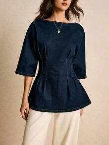 Poéselle 女式休闲牛仔上衣，荷叶边下摆，收腰，秋季半袖上衣女式亚麻上衣女式荷叶边上衣女式方领上衣收腰上衣女式上衣女式秋季服装圣诞节圣诞节新年女式休闲衬衫女式紧身胸衣上衣女式上衣性感女式上衣外出上衣 - 深色水洗藍 - 查看 4