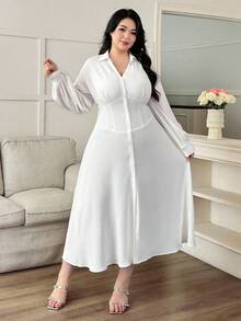 Modelyn Váy cài nút phía trước màu trơn thường ngày cỡ lớn - trắng - Xem 1