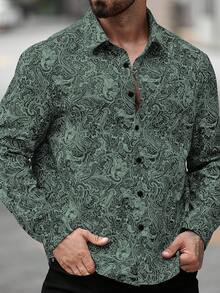 Manfinity LEGND Plus Size Men's Casual Paisley Print Button-Front Long Sleeve Shirt, Autumn - Mint Green - View 5