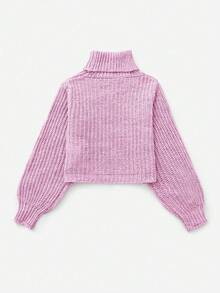 SHEIN 青少年女孩純色高領長袖休閒針織毛衣，紫色秋季開學季可愛短版毛衣 - 粉色 - 查看 2