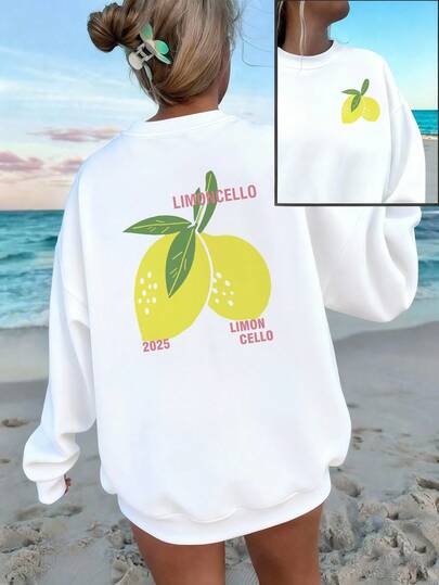 Glissea Women's Casual Fashion Lemon Print Loose Fit Crew Neck Short Sleeve Sweatshirt, Versatile & Minimalist, Spring/Autumn