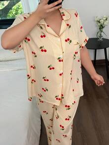 SHEIN 翻领开衫皱樱桃条纹印花短袖睡衣套装 - 黃色 - 查看 6