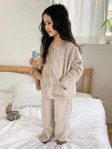 DAZY 2 件套年轻女孩休闲长袖上衣和裤子套装，家居服