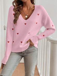 EMERY ROSE Women's Casual Loose V-Neck Drop Shoulder Long Sleeve Heart Pattern Sweater, Autumn/Winter - Baby Pink - View 3