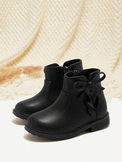 Cozy Pixies 1 Pair Fashionable Versatile Heart & Bow Decor Black Comfortable Durable Baby Ankle Boots, All Season