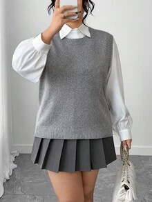 Elenzga Chaleco de punto holgado de unicolor con cuello redondo para mujer talla grande, otoño - Gris - Ver 1