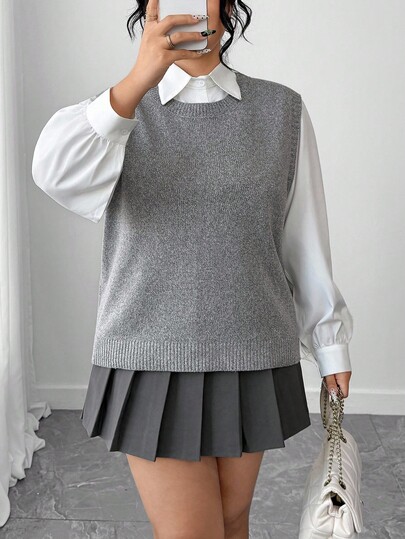 Elenzga Plus Size Women Solid Color Round Neck Casual Loose Knitted Vest, Autumn