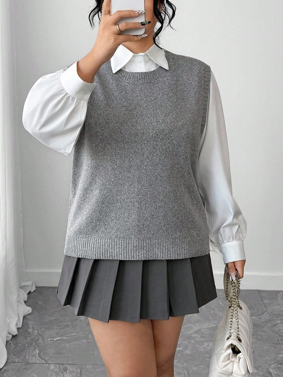 Elenzga Chaleco de punto holgado de unicolor con cuello redondo para mujer talla grande, otoño - Gris - Ver 1