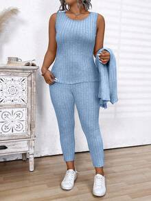 Conjunto casual de mujer talla grande con cárdigan de manga larga acanalado de unicolor, top de tirantes de cuello redondo y pantalones de unicolor - Azul - Ver 3