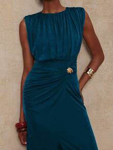 Lumalex VITNOS 秋冬新款高端优雅咖色针织无袖褶皱修身收腰金属扣装饰不对称连衣裙，女秋装，适合演唱会、约会、婚礼、派对、生日 - 水鴨藍 - 查看 7