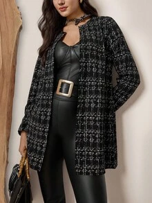 SHEIN LUNE 大码休闲开襟长袖修身时尚夹克冬季服装派对服装亮片、时尚日常服装、办公室服装、复古款、日常休闲度假服装