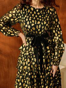 Anewsta Women's Autumn/Winter Formal Business Long Sleeve Metallic Embossed Layered Waist Cinching Velvet Bowknot Dress, Suitable For Lining Under Dresses