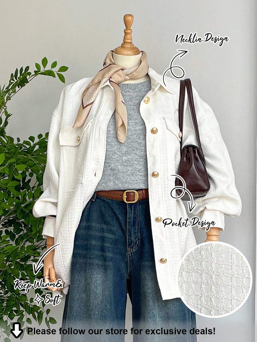 SHEIN LUNE Casaco de Lã Plus Size, Casaco com Lapela da Moda para Mulheres, Casaco Casual de Botão Único para Outono e Inverno, Casaco Estilo Camisa em Tecido Jacquard de Textura de Inverno, Casaco de Voo com Bolsos e Botões de Metal, Casaco de Inverno Quente para Mulheres, Casaco de Outono e Inverno para Mulheres Old Money, Simples e da Moda Ano Novo Ação de Graças para Mulheres Floral Textura Tridimensional Tecido - Branco - Visão 1