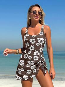 Swim Lushoire 女士花卉印花休闲侧结连体泳衣 - 棕色 - 查看 5