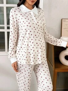 Moonlight&Mama 2pcs Maternity Contrast Collar Ditsy Floral Long Sleeve Pajama Set, Maternity Pajamas Set, Sleep Wear Women 2 Piece Set, Winter - Multicolor - View 4