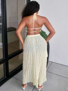 Alexandranx 女士优雅浪漫约会度假海边度假海滩白色套装纯色褶皱露背短款吊带上衣和长裙夏季度假罩衫 - 黃色 - 查看 2