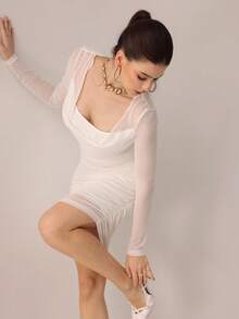 Modelyn Sexy Long Sleeve Plunging Neckline Lace Patchwork Waist Cinched Ruched Bodycon Dress - White - View 4