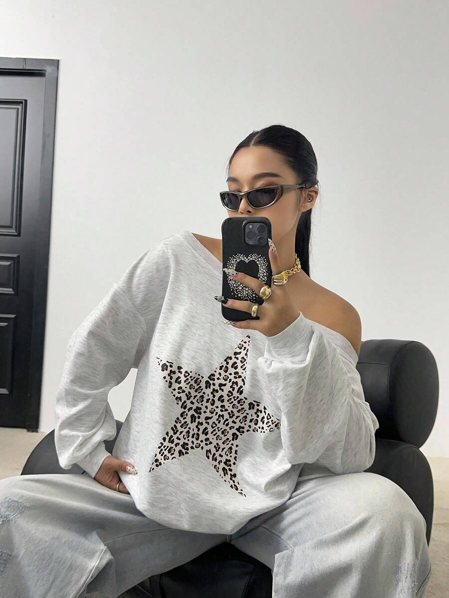 POPSWAY Sweat-shirt ample à épaule asymétrique avec imprimé léopard et décor d'étoiles, décontracté et pour l'automne/l'hiver, grande taille