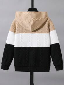 SHEIN Tween Boy Color Block Letter Patched Detail Hooded Sweatshirt Fall Winter Sweatshirt, Winter Clothes - Khaki - View 2