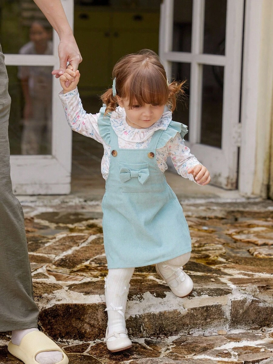 Vintaside Kids Set de 2 piezas de ropa nueva de otoño para niñas bebé, blusa de manga larga con cuello redondo y estampado de conejo, y vestido de tirantes suelto con diseño de lazo, lindo y de moda para salidas y fiestas de cumpleaños